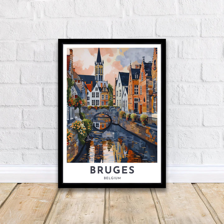 Painterly European wall decor presenting the charming canal ways, floral bridge balconies, and church towers of Bruges, Belgium. Offered by MapYourDreams, this artwork is available in flexible options including unframed paper, custom wooden frames, and gallery canvas wraps.