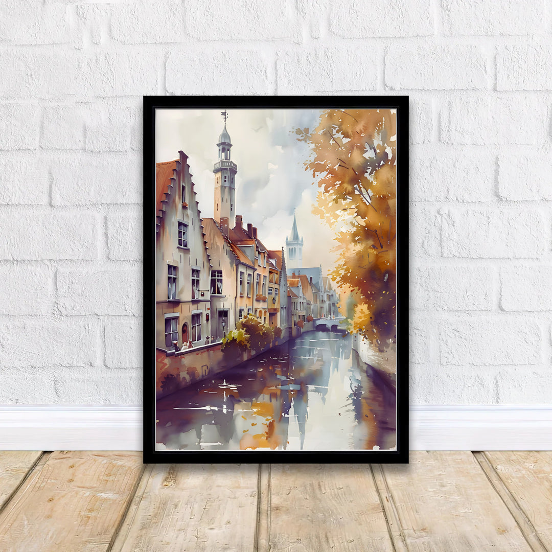 Watercolor European wall decor capturing the romantic fall ambiance of Bruges, Belgium, with golden tree branches leaning over quiet canal waters. Offered by MapYourDreams, this artwork is available in flexible options including unframed paper, custom wooden frames, and gallery canvas wraps.