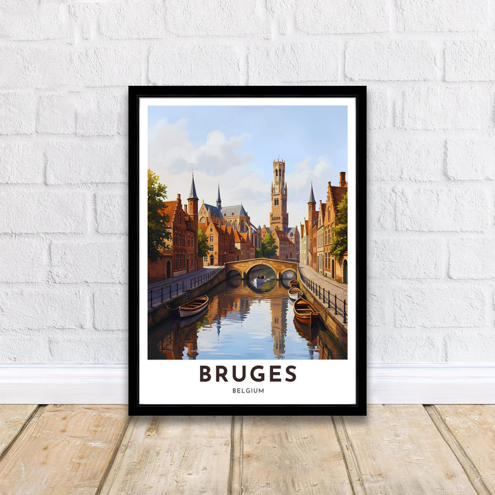 Modern European wall decor presenting the picturesque canal perspective of Bruges, Belgium, with wooden rowboats and towering medieval belfries. Offered by MapYourDreams, this artwork is available in flexible options including unframed paper, custom wooden frames, and gallery canvas wraps.
