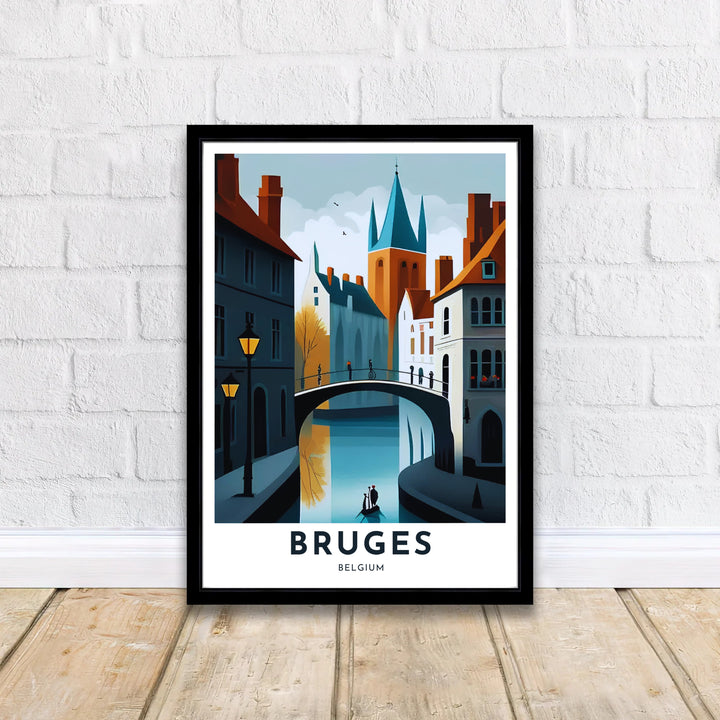 Graphic European wall decor presenting a striking architectural perspective of Bruges, Belgium, with deep shadows, glowing yellow lights, and a stone canal bridge. Offered by MapYourDreams, this artwork is available in flexible options including unframed paper, custom wooden frames, and gallery canvas wraps.