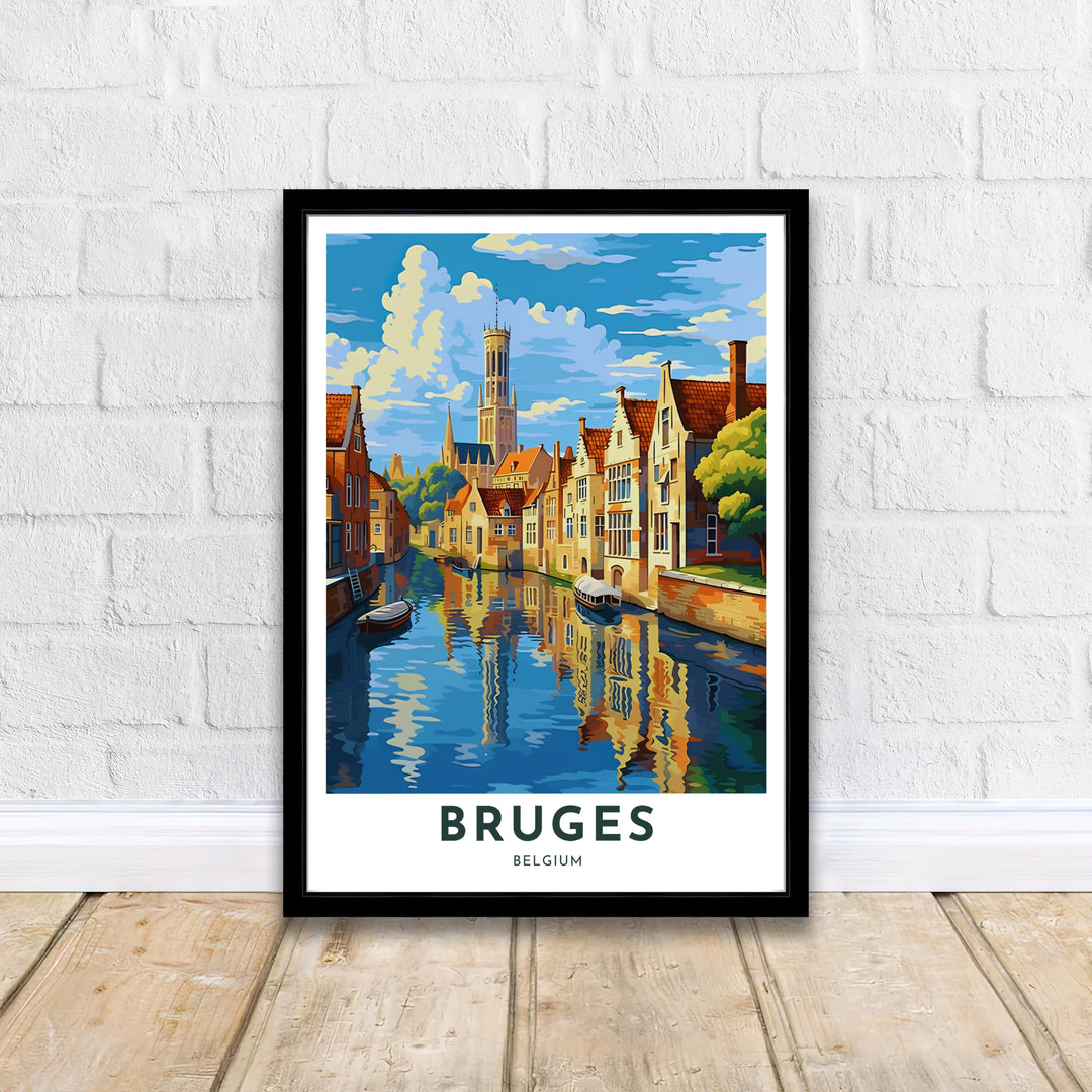 Modern European wall decor presenting a striking canal perspective of Bruges, Belgium, with rich sunlight, warm brick tones, and towering medieval belfries. Offered by MapYourDreams, this artwork is available in flexible options including unframed paper, custom wooden frames, and gallery canvas wraps.