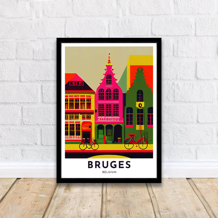 Vibrant European wall decor presenting a high-energy pop-art perspective of Bruges, Belgium, with saturated pink facades, green guildhalls, and street bikes. Offered by MapYourDreams, this artwork is available in flexible options including unframed paper, custom wooden frames, and gallery canvas wraps.