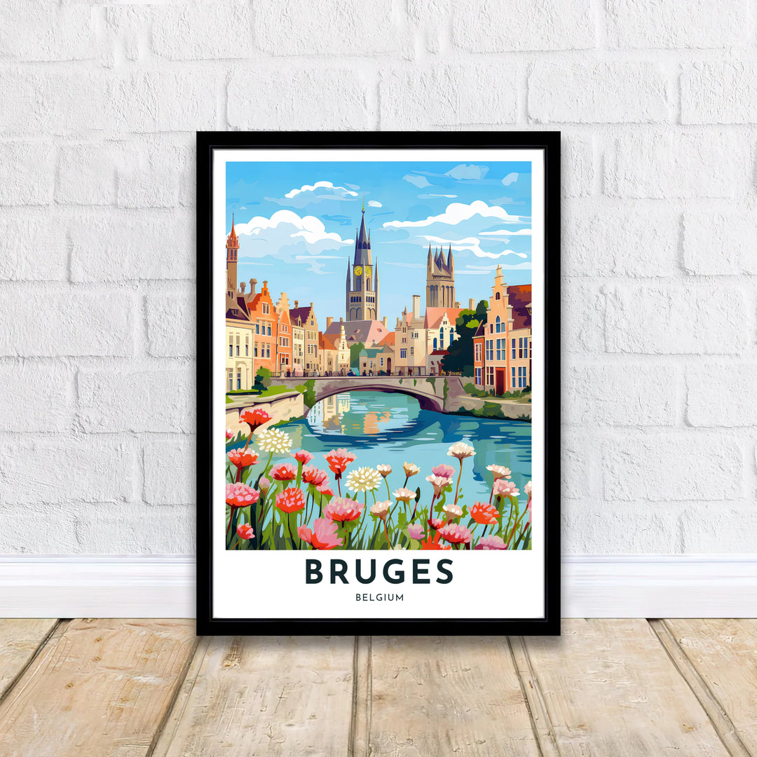 Vibrant travel landscape art depicting a stone canal bridge framed by foreground flowers and church spires in Bruges, Belgium. Offered by MapYourDreams, this artwork is available in flexible options including unframed paper, custom wooden frames, and gallery canvas wraps.