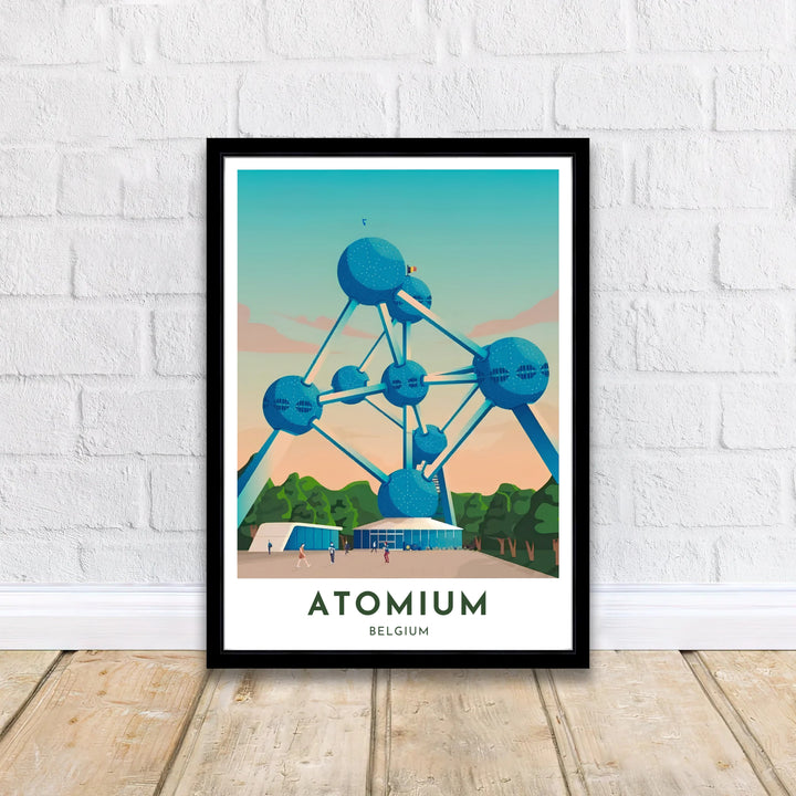 A modern graphic artwork displaying the interconnected steel spheres of the Atomium in Brussels, Belgium, rendered in vivid turquoise, teal, and soft orange hues. Available from MapYourDreams in versatile choices including unframed archival poster paper, custom frames, and stretched gallery canvas formats.