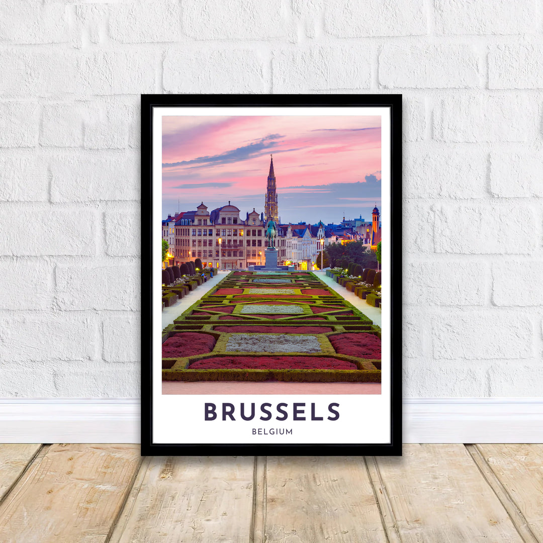 Romantic European city poster showing the classic vista from Mont des Arts toward Brussels Town Hall in Belgium, framed by geometric hedges. Offered by MapYourDreams, this artwork is available in flexible options including unframed paper, custom wooden frames, and gallery canvas wraps.