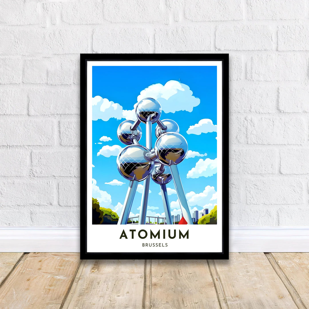Modern European landmark print showing the giant steel spheres of the Atomium in Brussels, Belgium, against a clear sunny backdrop. Offered by MapYourDreams, this artwork is available in flexible options including unframed paper, custom wooden frames, and gallery canvas wraps.