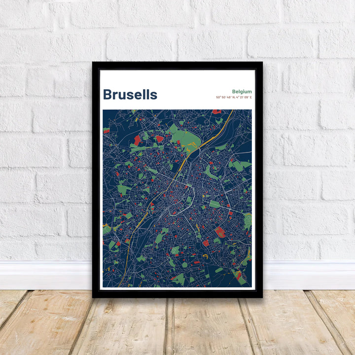 Contemporary city map print featuring the detailed road network of Brussels, Belgium, complete with geographic coordinates and clean lettering. Offered by MapYourDreams, this artwork is available in flexible options including unframed paper, custom wooden frames, and gallery canvas wraps.