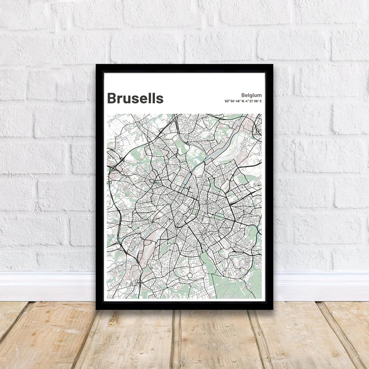 Atmospheric cartography wall decor displaying the intricate grid and urban layout of Brussels, Belgium, in subtle green and black tones. Available from MapYourDreams in versatile choices including unframed archival poster paper, custom frames, and stretched gallery canvas formats.