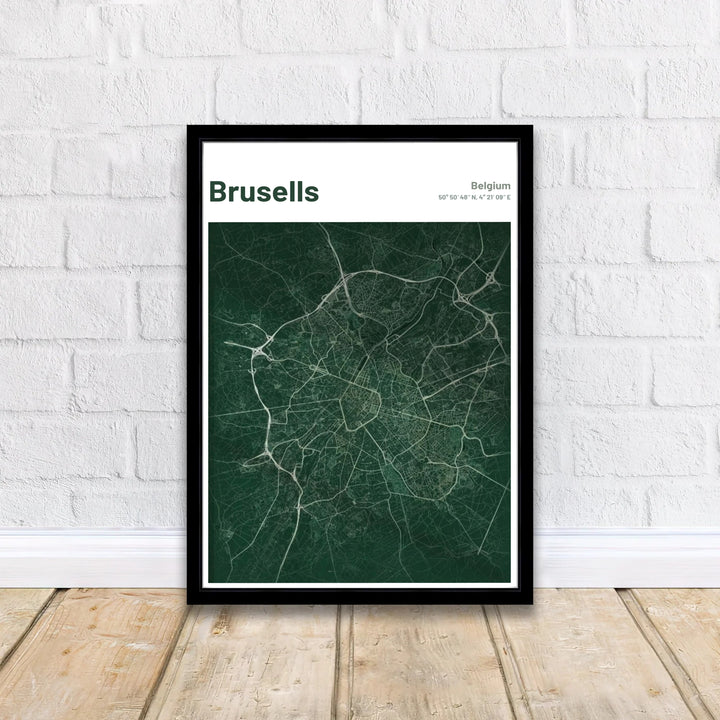 Contemporary city map print featuring the detailed road system of Brussels, Belgium, complete with precise coordinates and clean header lettering. Offered by MapYourDreams, this artwork is available in flexible options including unframed paper, custom wooden frames, and gallery canvas wraps.