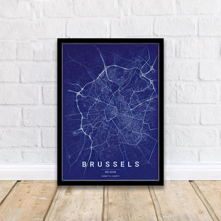 Contemporary city map print featuring the detailed road system of Brussels, Belgium, complete with precise coordinates and bold bottom lettering. Offered by MapYourDreams, this artwork is available in flexible options including unframed paper, custom wooden frames, and gallery canvas wraps.