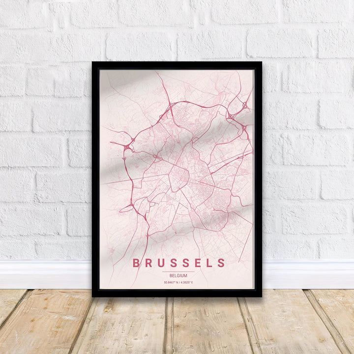 Romantic cartography wall decor displaying the intricate grid and urban layout of Brussels, Belgium, in dusty rose and pastel pink tones. Available from MapYourDreams in versatile choices including unframed archival poster paper, custom frames, and stretched gallery canvas formats.