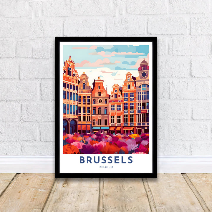 Romantic European city decor showcasing the iconic guild houses and floral displays of Brussels Grand Place in Belgium in vivid hues. Available from MapYourDreams in versatile choices including unframed archival poster paper, custom frames, and stretched gallery canvas formats.