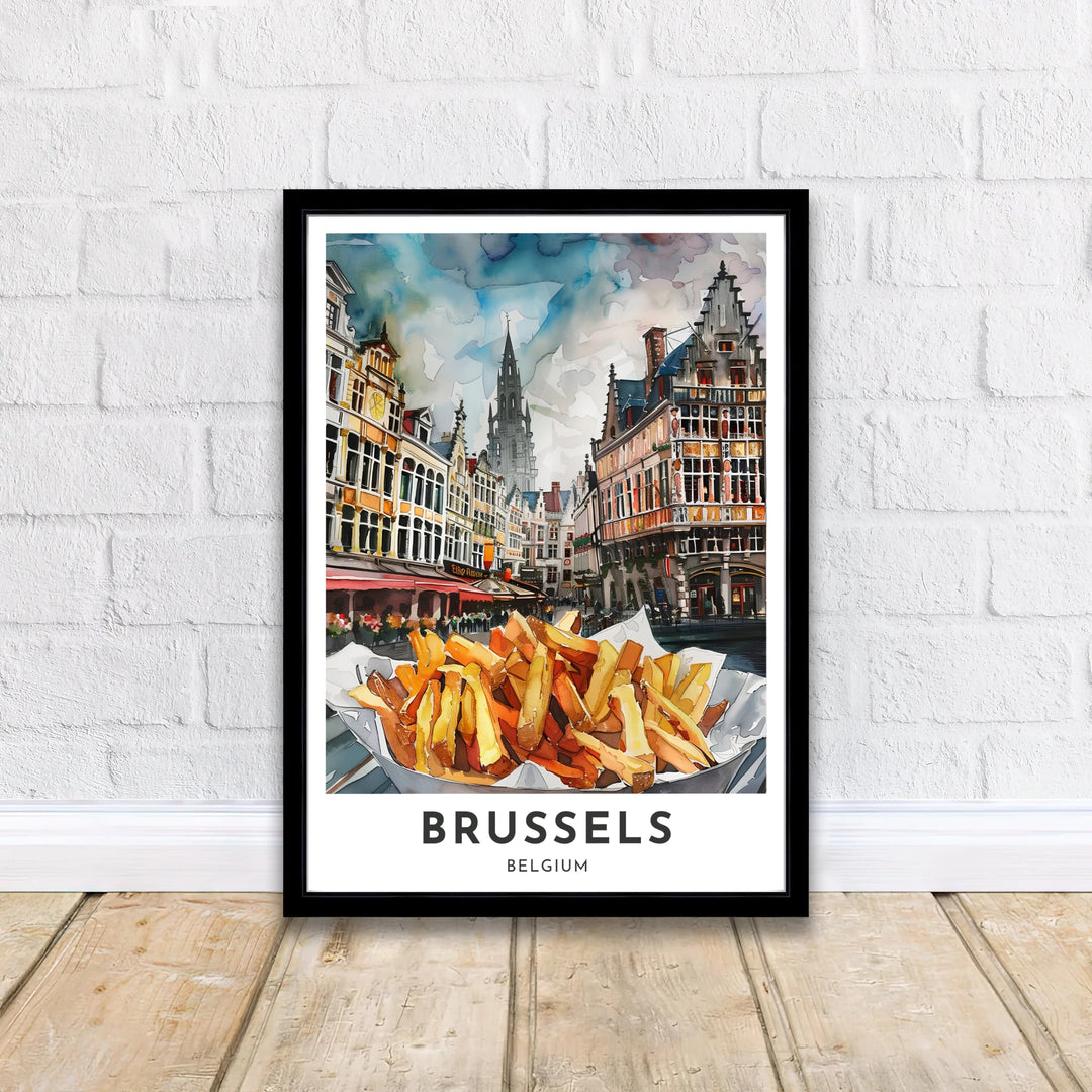 Vibrant travel illustration displaying a close-up of crispy golden frites before the magnificent center of Brussels Grand Place in Belgium. Offered by MapYourDreams, this artwork is available in flexible options including unframed paper, custom wooden frames, and gallery canvas wraps.