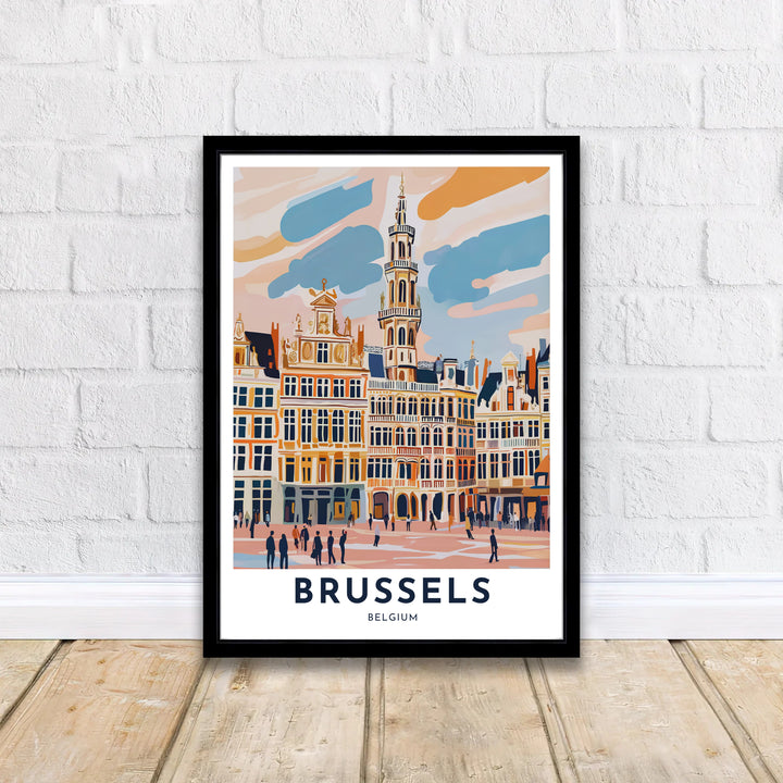 Contemporary travel illustration displaying the historic square and guild house architecture of Brussels Grand Place in Belgium. Offered by MapYourDreams, this artwork is available in flexible options including unframed paper, custom wooden frames, and gallery canvas wraps.