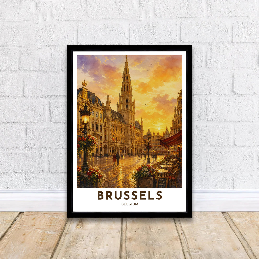 Detailed travel illustration featuring warm café awnings and glowing lanterns across Brussels Grand Place in Belgium during sunset. Offered by MapYourDreams, this artwork is available in flexible options including unframed paper, custom wooden frames, and gallery canvas wraps.