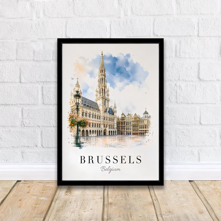 Detailed travel illustration featuring a floral street lamp standing before the historic buildings of Brussels Grand Place in Belgium. Offered by MapYourDreams, this artwork is available in flexible options including unframed paper, custom wooden frames, and gallery canvas wraps.
