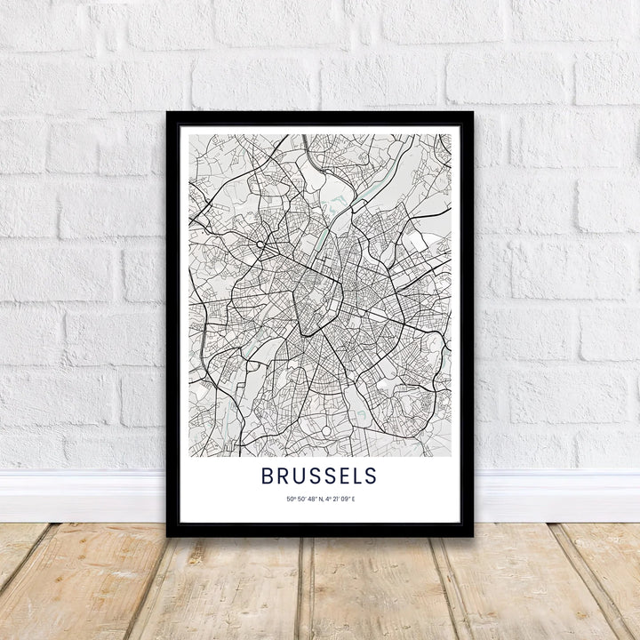 Precision street map poster detailing the main expressways and historic alleys of Brussels in Belgium. Offered by MapYourDreams, this artwork is available in flexible options including unframed paper, custom wooden frames, and gallery canvas wraps.