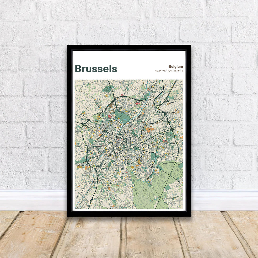 Precision street map poster displaying the neighborhoods and main expressways of Brussels in Belgium. Offered by MapYourDreams, this artwork is available in flexible options including unframed paper, custom wooden frames, and gallery canvas wraps.