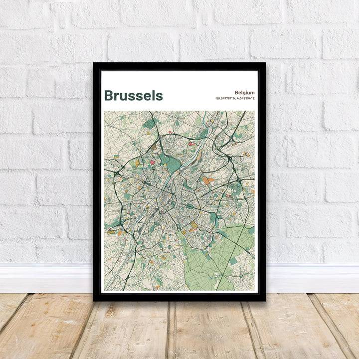 Precision street map poster displaying the neighborhoods and main expressways of Brussels in Belgium. Offered by MapYourDreams, this artwork is available in flexible options including unframed paper, custom wooden frames, and gallery canvas wraps.