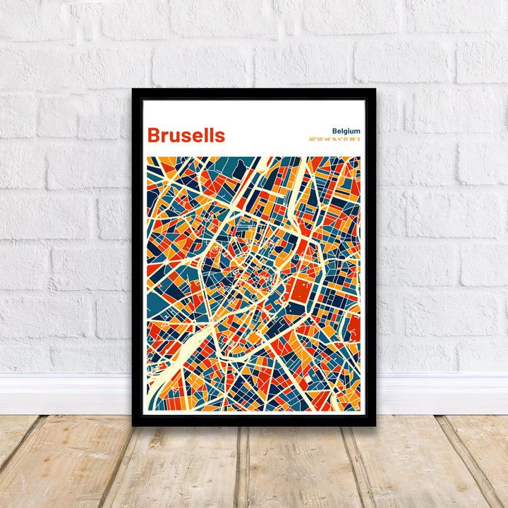 Contemporary European map decor showcasing the complete urban layout of Brussels in Belgium in vibrant navy blue, teal, mustard, and orange hues. Available from MapYourDreams in versatile choices including unframed archival poster paper, custom frames, and stretched gallery canvas formats.