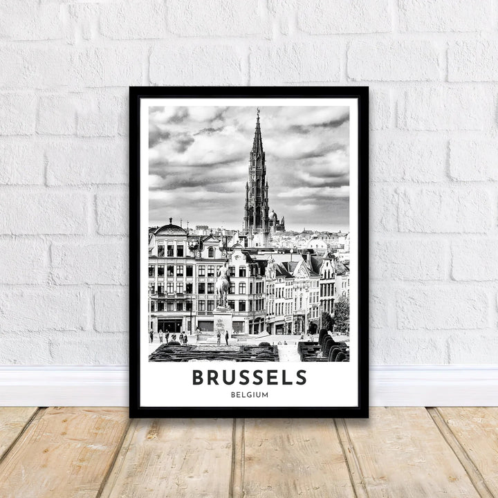 Detailed travel photography print featuring the King Albert I statue and geometric garden hedges at Mont des Arts in Brussels, Belgium. Offered by MapYourDreams, this artwork is available in flexible options including unframed paper, custom wooden frames, and gallery canvas wraps.