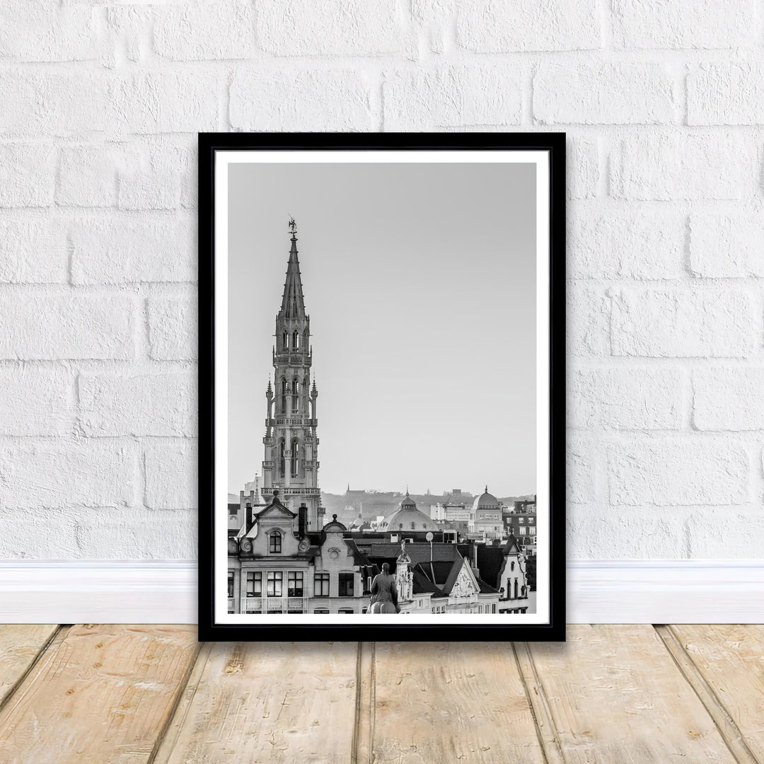Fine art photography print illustrating the intricate stone tracery and roofline of the Town Hall in Brussels, Belgium. Offered by MapYourDreams, this artwork is available in flexible options including unframed paper, custom wooden frames, and gallery canvas wraps.