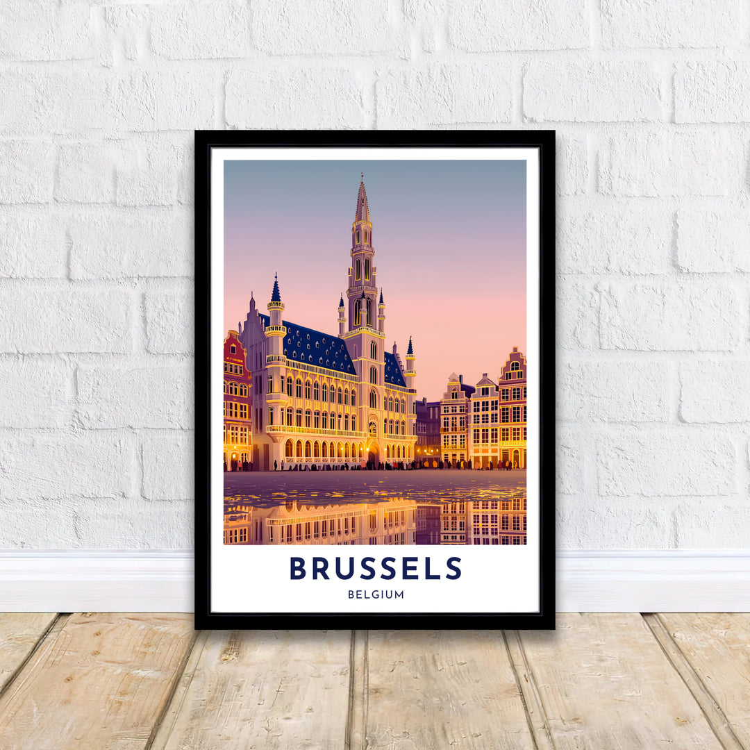 Sunset travel print featuring cobblestone reflections and guildhall facades at the Grand Place in Brussels, Belgium. Offered by MapYourDreams, this artwork is available in flexible options including unframed paper, custom wooden frames, and gallery canvas wraps.