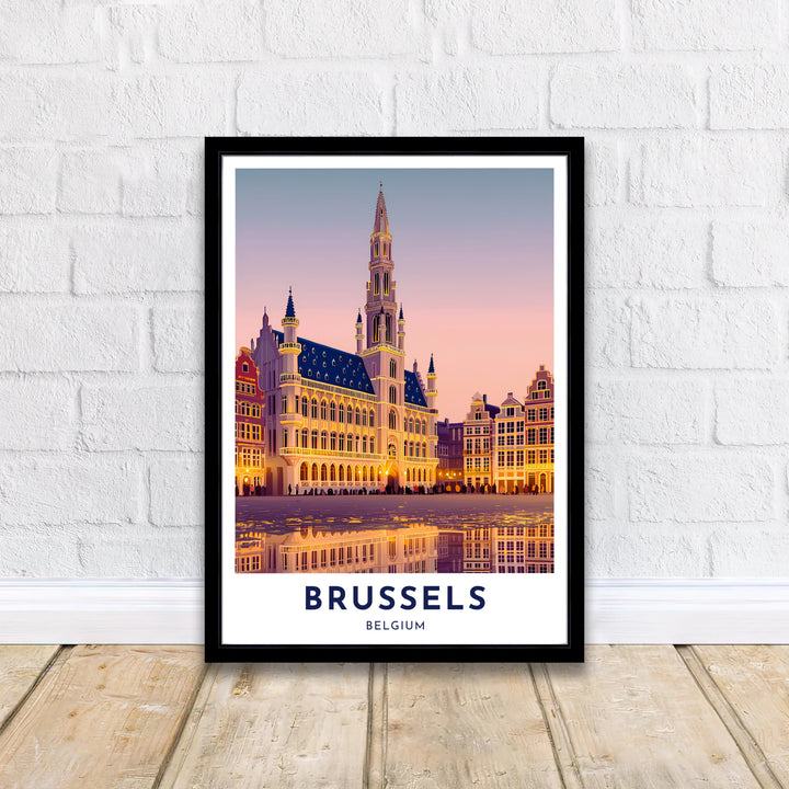 Sunset travel print featuring cobblestone reflections and guildhall facades at the Grand Place in Brussels, Belgium. Offered by MapYourDreams, this artwork is available in flexible options including unframed paper, custom wooden frames, and gallery canvas wraps.