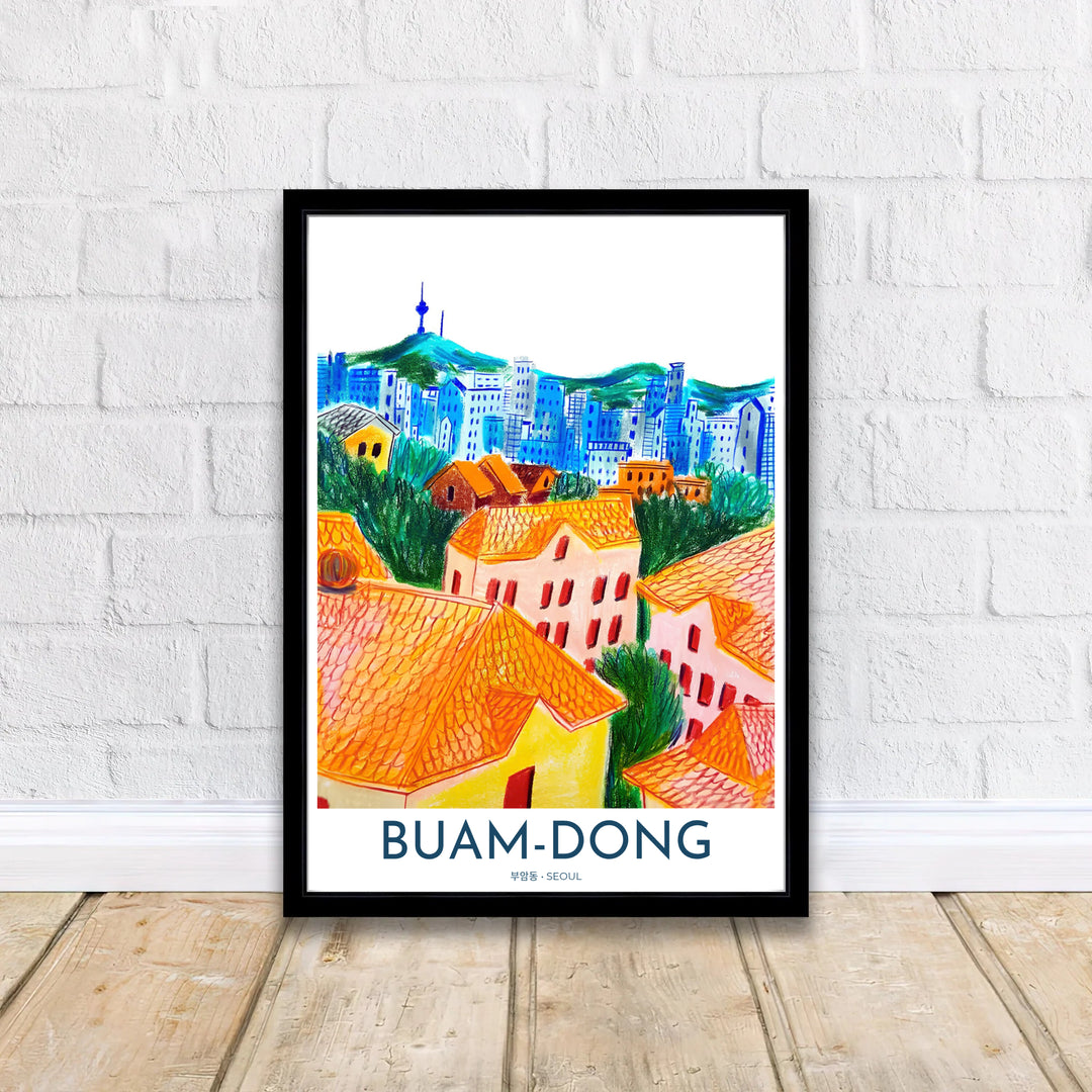 Hand-crafted colored pencil illustration of Buam-dong, Seoul, presenting an elevated view over traditional residential roofs with N Seoul Tower perched on Namsan Mountain. Offered by MapYourDreams, this artwork is available in flexible options including unframed paper, custom wooden frames, and gallery canvas wraps.