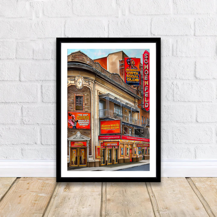 New York Theatre District wall art displaying the vibrant red billboards and classical stone arches at the Gerald Schoenfeld Theatre in NYC, offered by MapYourDreams where options include unframed paper prints, gallery wrapped canvas decor, or custom frame styling designed to enhance lounges.