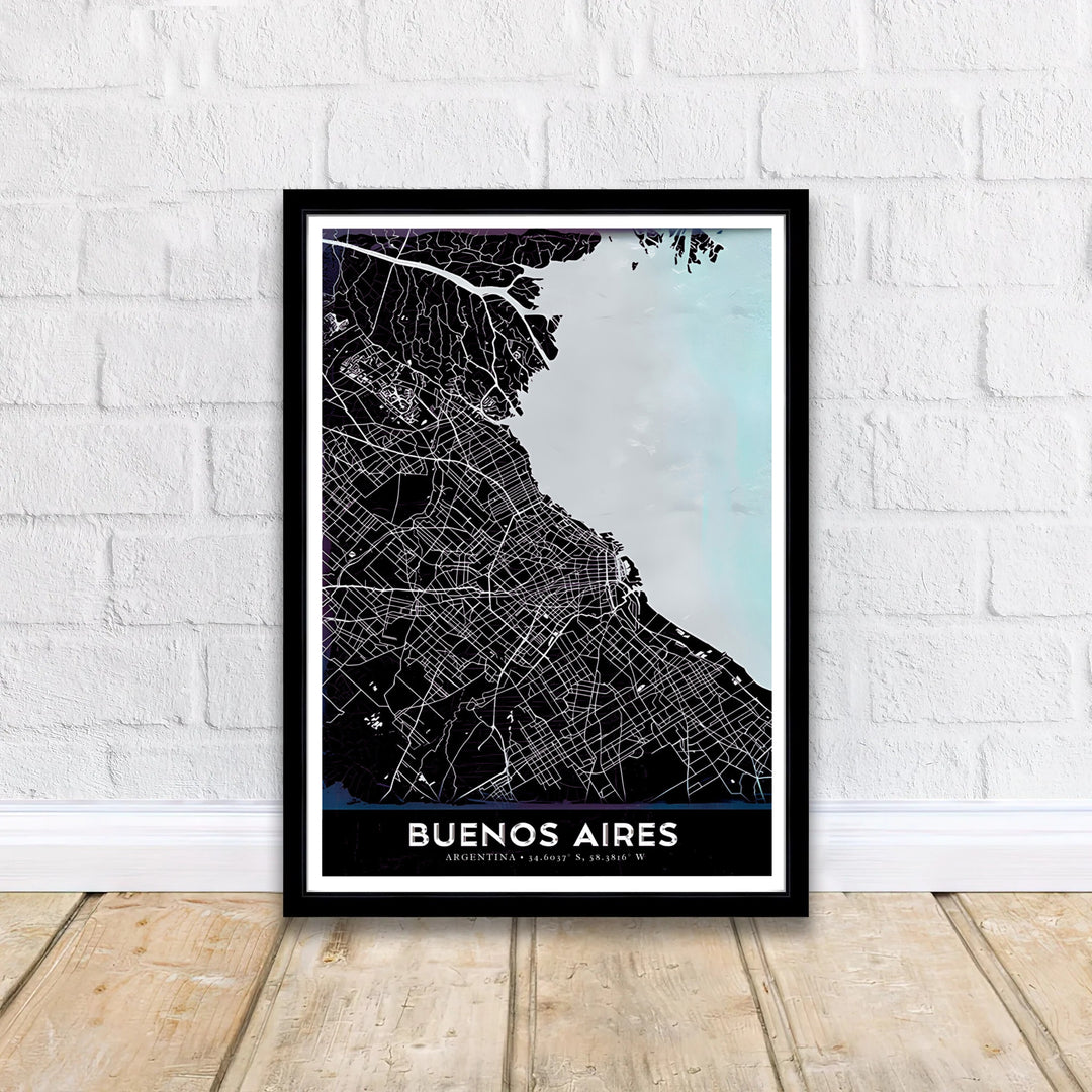 Detailed urban map of Buenos Aires capturing neighborhood blocks and coastal geography for executive office decor. Brought to you by MapYourDreams, this item can be ordered on archival paper, in custom wooden frames, or wrapped on canvas.