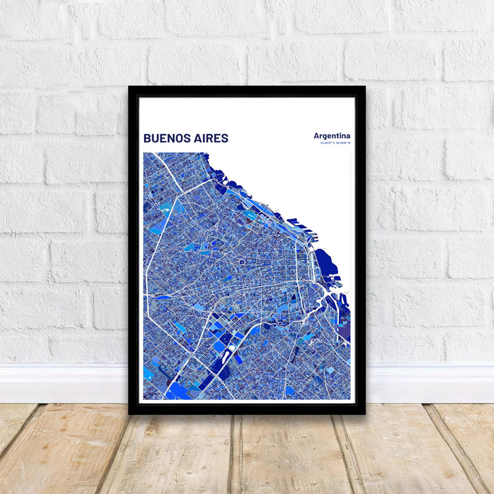 Minimalist city map poster of Buenos Aires with clean header typography and geographic coordinates in blue font. Curated by MapYourDreams, this wall piece offers customizable choices such as archival paper prints, real wood frames, or canvas wraps.