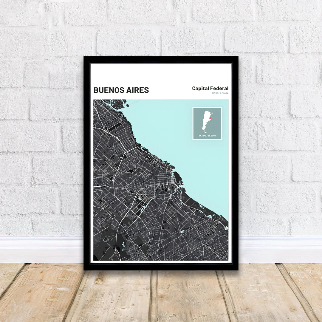 High contrast street map graphic of Buenos Aires featuring white grid lines on charcoal land beside a mint green estuary. A signature piece from MapYourDreams, this artwork comes ready for display as unframed paper, framed art, or stretched canvas.