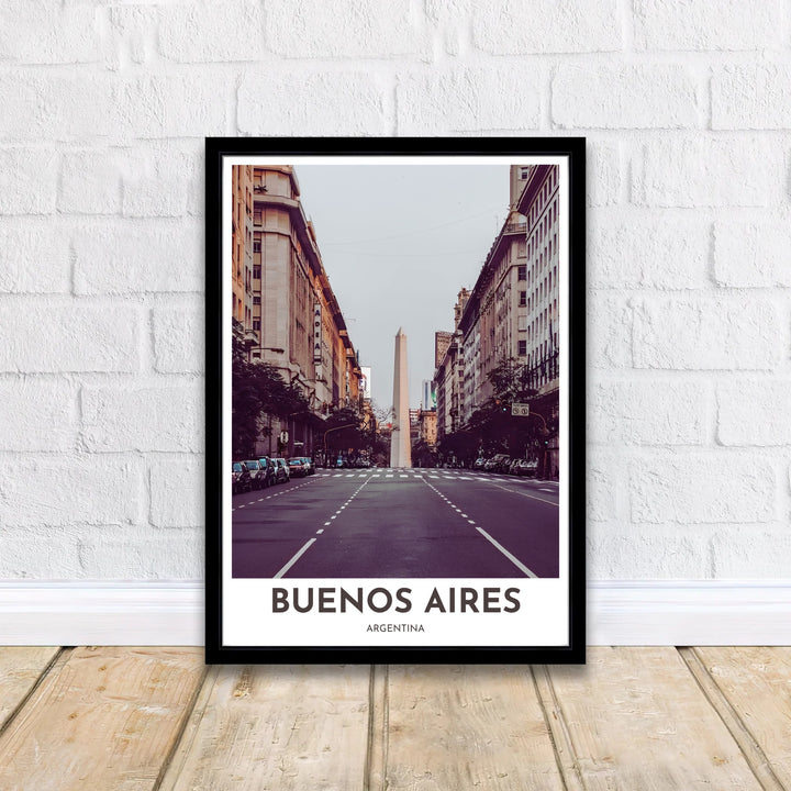 Minimalist bordered travel poster featuring a vintage photo of El Obelisco in Argentina with crisp header typography at the bottom. Curated by MapYourDreams, this wall piece offers customizable choices such as archival paper prints, real wood frames, or canvas wraps.