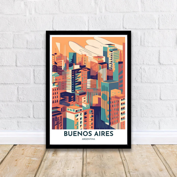 High contrast skyscraper art print of Buenos Aires featuring geometric rooftops, stylized clouds, and warm golden hour lighting. A signature piece from MapYourDreams, this artwork comes ready for display as unframed paper, framed art, or stretched canvas.
