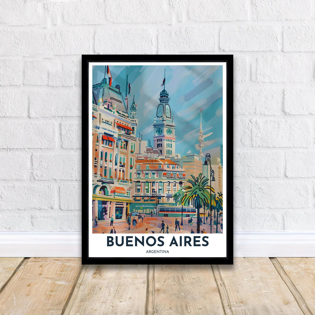 Minimalist bordered travel poster featuring a soft pastel painting of the Buenos Aires cityscape with bold title typography. Curated by MapYourDreams, this wall piece offers customizable choices such as archival paper prints, real wood frames, or canvas wraps.