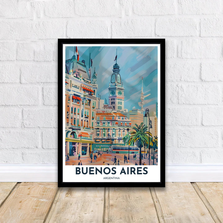 Minimalist bordered travel poster featuring a soft pastel painting of the Buenos Aires cityscape with bold title typography. Curated by MapYourDreams, this wall piece offers customizable choices such as archival paper prints, real wood frames, or canvas wraps.