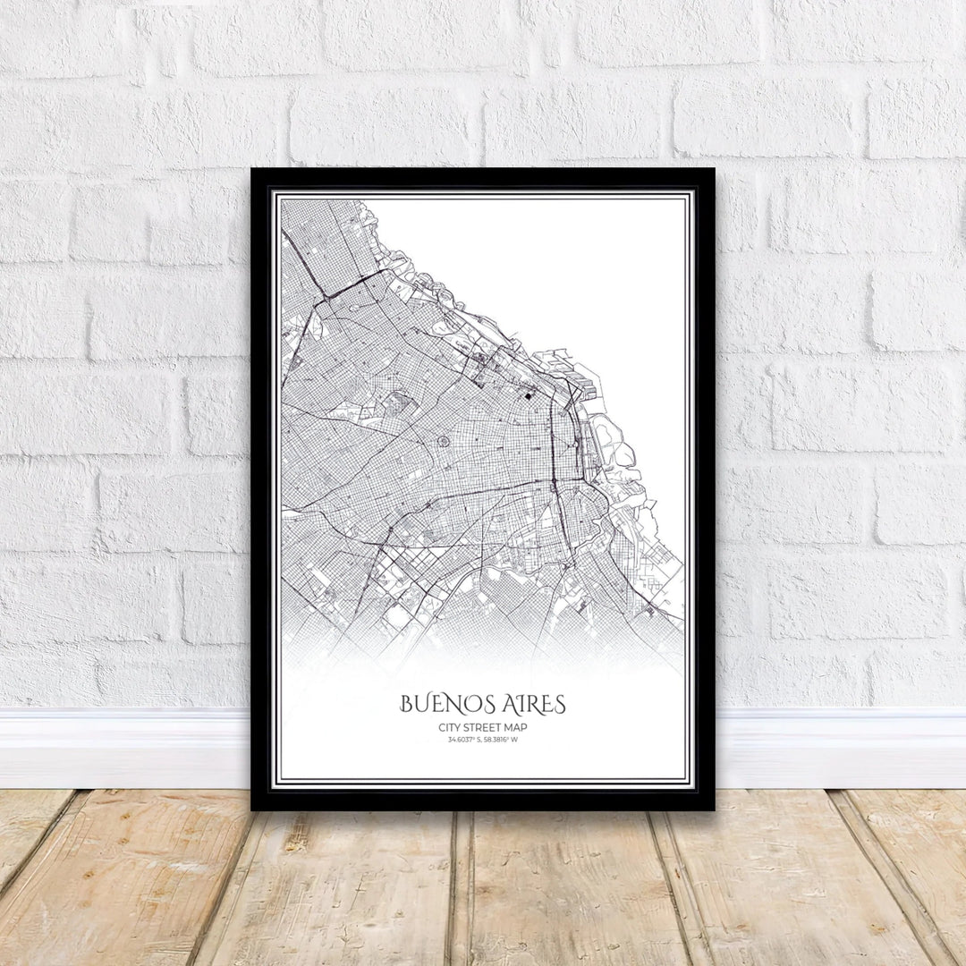 Vector cartography map display showing the intricate street grid and coastal waterfront of downtown Buenos Aires in Argentina. A signature piece from MapYourDreams, this artwork comes ready for display as unframed paper, framed art, or stretched canvas.