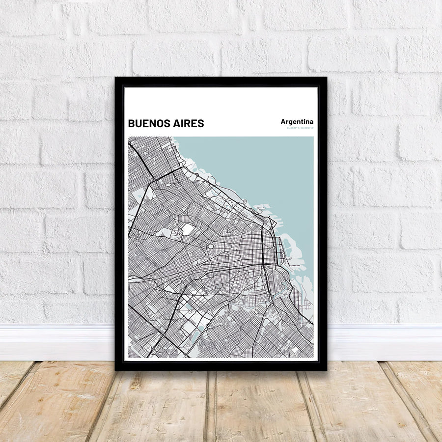Vector cartography map display showing the intricate road grid and ice-blue waterfront of downtown Buenos Aires in Argentina. A signature piece from MapYourDreams, this artwork comes ready for display as unframed paper, framed art, or stretched canvas.
