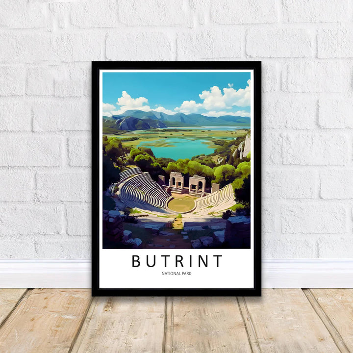Artistic Butrint travel poster of Albania with amphitheater ruins set inside lush coastal greenery, crafted to enhance modern interior wall decor displays. Offered by MapYourDreams, this artwork is available in flexible options including unframed paper, custom wooden frames, and gallery canvas wraps.