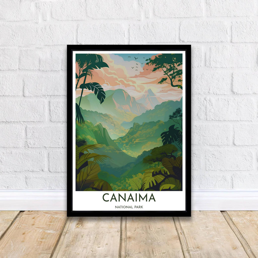 Warm peach, sage green, and coral wall art showing the ancient tepui mountains and tropical palm fronds of Canaima National Park. Curated by MapYourDreams, this wall piece offers customizable choices such as archival paper prints, real wood frames, or canvas wraps.