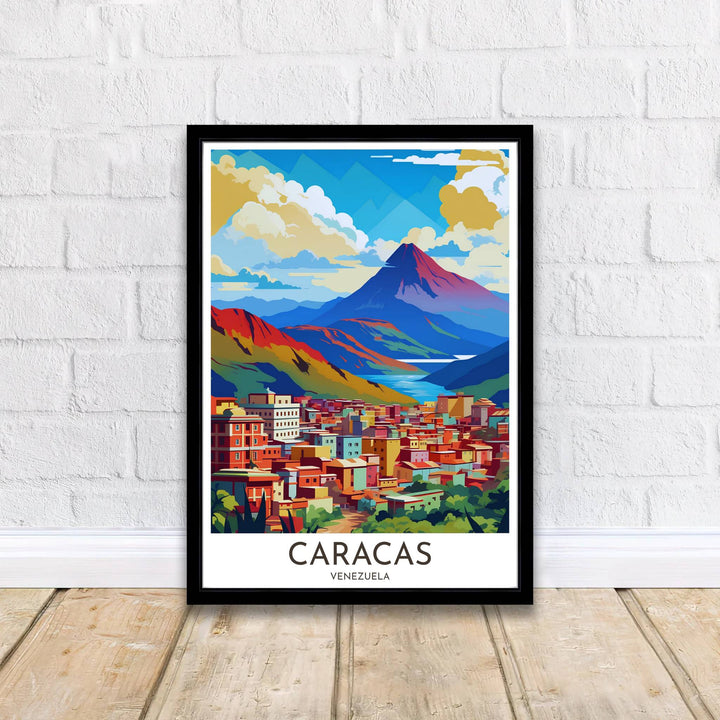 High-contrast crimson, cobalt, and golden ochre wall art showing Mount El Ávila and terraced valley homes in Venezuela. Curated by MapYourDreams, this wall piece offers customizable choices such as archival paper prints, real wood frames, or canvas wraps.