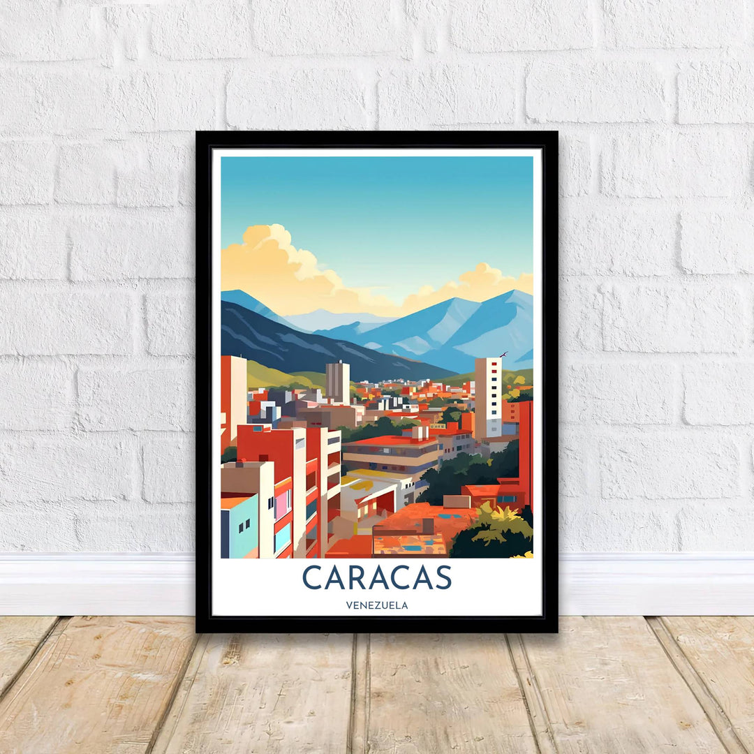 Scenic South American city art print illustrating the architectural buildings and lush green ravines of Caracas under afternoon sunlight. Produced by MapYourDreams, you can order this design on fine art paper, mounted in protective frames, or as a canvas display.