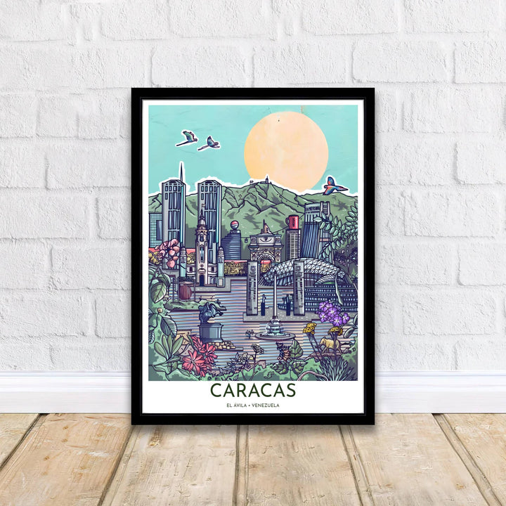 Creative pop art city skyline print of Caracas designed for eclectic living rooms, bedrooms, and studio gallery walls. A signature piece from MapYourDreams, this artwork comes ready for display as unframed paper, framed art, or stretched canvas.