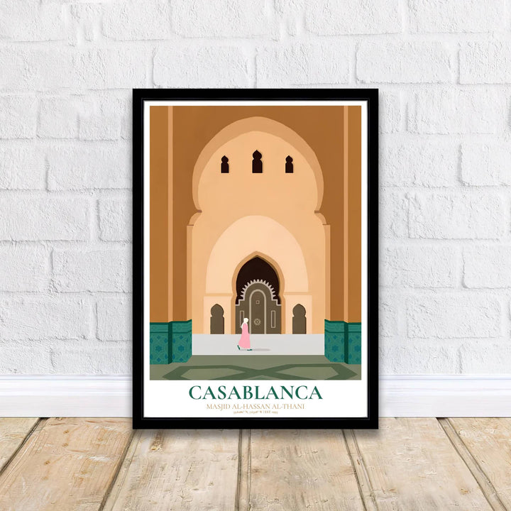 Warm ochre and emerald green travel art print of Casablanca&