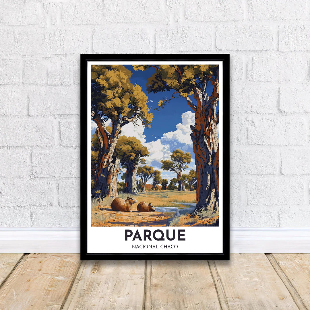 Fine art nature poster featuring bold text PARQUE NACIONAL CHACO over a serene capybara scene with sunny foliage. Curated by MapYourDreams, this wall piece offers customizable choices such as archival paper prints, real wood frames, or canvas wraps.