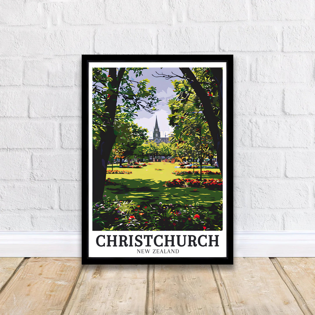 Peaceful park lawns, vibrant flowers, and the iconic Christchurch Cathedral in Christchurch Botanic Gardens star in this poster. MapYourDreams delivers archival framed, unframed, and canvas options.