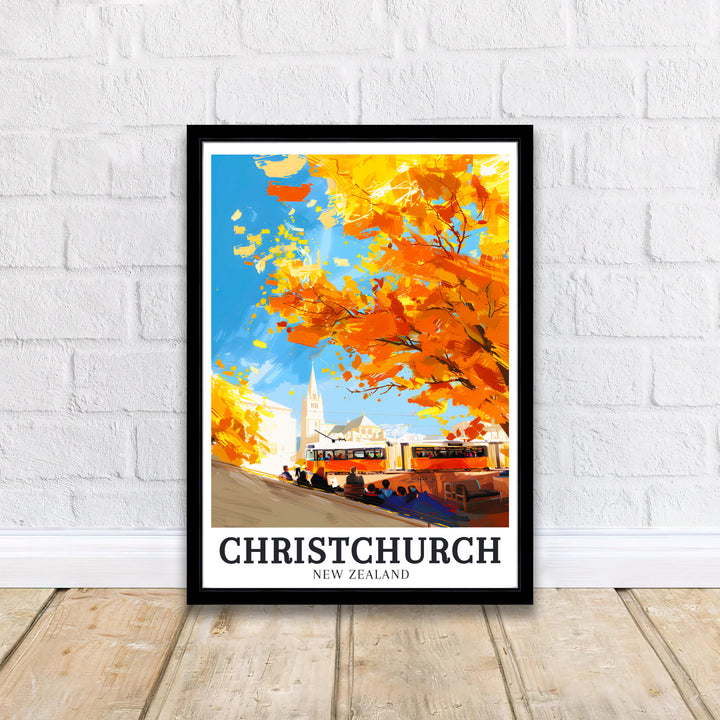 People relaxing on benches near vintage heritage trams in Christchurch Cathedral Square star in this travel poster. MapYourDreams delivers archival framed, unframed, and canvas decor options.