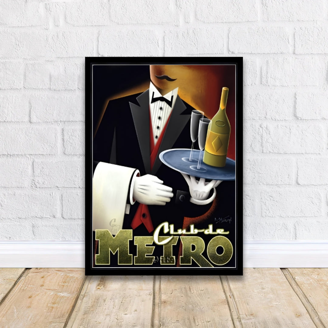 Graphic Roaring Twenties wall decor showing a tuxedo waiter carrying a wine tray at Club de Metro in a vintage cabaret bar, produced by MapYourDreams with available options for an unframed poster print, museum gallery canvas, or custom frames in pure gold, bronze, and silver.