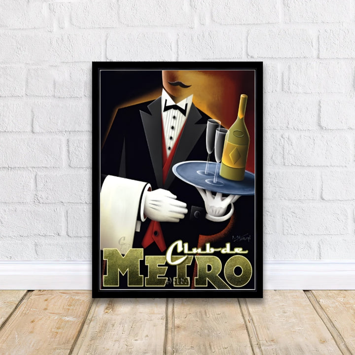 Graphic Roaring Twenties wall decor showing a tuxedo waiter carrying a wine tray at Club de Metro in a vintage cabaret bar, produced by MapYourDreams with available options for an unframed poster print, museum gallery canvas, or custom frames in pure gold, bronze, and silver.